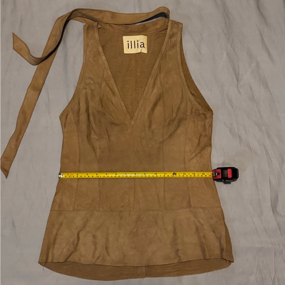 Leather Illia Camel V-Neck Tank Top W Tie Neck Design Sz 10 - Picture 6 of 7